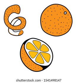 orange three elements, whole, half and peel