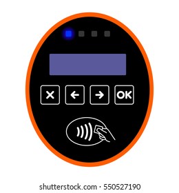 Orange ticket European bus, tram, train or trolleybus validator. Validation card system on modern public transport in Estonia isolated white background EPS10 vector.