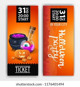 Orange ticket for Halloween party ready to print. Halloween ticket with pumpkins, witches cauldron and poison in the flask  