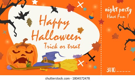 Orange ticket with a place to break away, to enter a holiday party, all saints eve Halloween, Pumpkin broom and witch hat, flat vector illustration