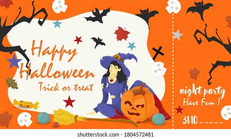 Orange ticket with a place to break away, to enter the holiday party all saints eve Halloween, a Witch sitting next to a pumpkin, flat vector illustration