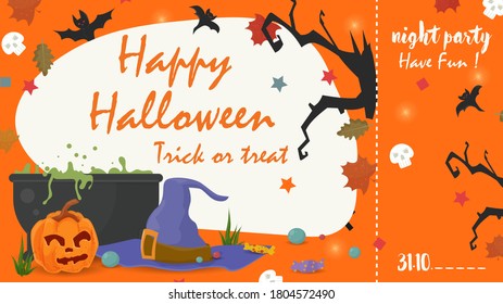 Orange ticket with a place to break away, to enter the holiday party all saints eve Halloween, Pumpkin cauldron with potion and witch hat, flat vector illustration