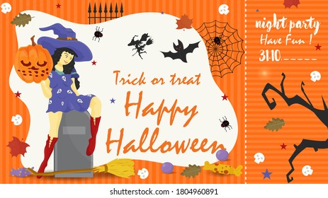 Orange ticket with a place to break away, to enter the holiday party all saints eve Halloween, a witch holds a pumpkin sitting on a tombstone, flat vector illustration