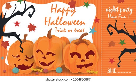 Orange ticket with a place to break away, to enter the holiday party all saints eve Halloween, three pumpkins, flat vector illustration