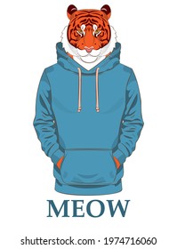 An orange tiger in a blue sweatshirt or hoodie. Signature "Meow" Vector print illustration for sweatshirts, sweatshirts, t-shirts, posters, postcards, pet supplies