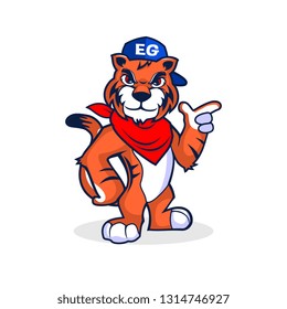 orange tiger with confidence eyes using hat and bandana 