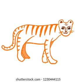 Orange tiger. Cute cartoon character with smiling face, big eyes, moustache, striped body for prints, posters, coloring book pages, patterns, design. Wild animal, jungle. Emblem of power, mascot.