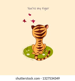 Orange tiger.  Hand drown flat vector poster.
