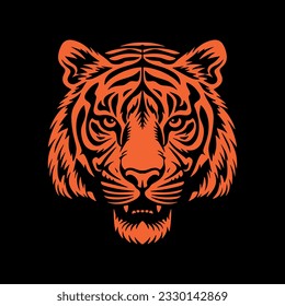 Orange tiger head silhouette, vector illustration on black background