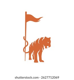Orange Tiger Logo Holding Flag in Abstract Design Silhouette. Abstract illustration.