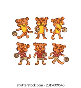 Orange Tiger Playing Golden Ball. Cute Character Set in Cartoon Style. Can be Used as Mascot, Logo or Graphic Element
