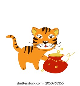 Orange Tiger with a red money bag and Chinese coins, isolated on a white background. A symbol of the year in a hand-drawn style. Vector illustration