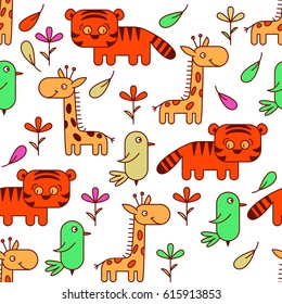 Orange tigers, multicolor birds and orange giraffes on white background. Cute characters. Simple graphics like icons. Seamless vector pattern for wallpaper, textile design, graphic design.