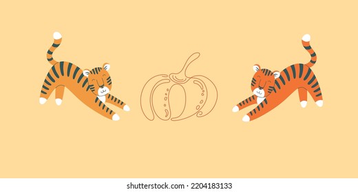 orange tigers with pumpkin illustration