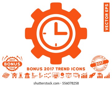 Orange Time Setup Gear pictograph with bonus 2017 year trend pictograms. Vector illustration style is flat iconic symbols, white background.