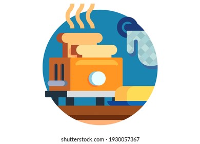 Orange toaster machine on table vector illustration. Kitchen appliance for cooking waffles or fried bread flat style. Household, technology and food concept. Isolated on white background