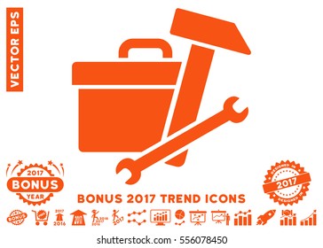 Orange Toolbox icon with bonus 2017 year trend pictograms. Vector illustration style is flat iconic symbols, white background.