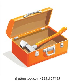 An orange toolbox, open, containing an axe. The toolbox is a common tool storage item.