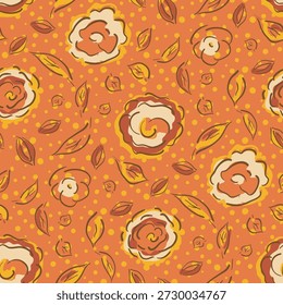 Fondo de patrón de Vector sin fisuras florales arrojadas naranja. Flores y hojas dispersas en estilo de línea relajada dibujado a mano. Sobre fondo de lunares. Botánicos de verano deliciosos para el envasado, el bienestar