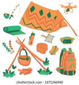 Orange tourist stuff on white isolated backdrop. Travel sticker set for notebook, bath tile, gift card or travel agency. Phone case or cloth print art. Minimal style stock vector illustration