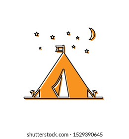 Orange Tourist tent with flag icon isolated on white background. Camping symbol.  Vector Illustration