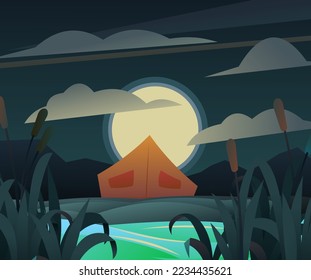 Orange tourist tent. On bank of river with reeds. Night and moon. Broken camp. Recreation in the wild. Cartoon fun style. Flat design. Vector