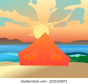 Orange tourist tent. On shore of sand beach of sea bay. Sunset on horizon. Broken camp. Recreation in the wild. Cartoon fun style. Flat design. Vector