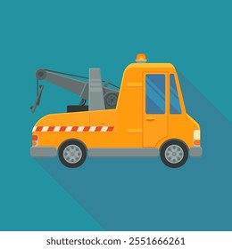 Orange tow truck with its crane at the back in flat design style on a blue background with long shadow