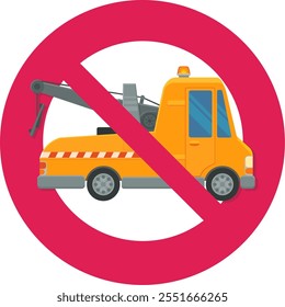 Orange tow truck with its crane at the back with a circular red strikethrough prohibition symbol in flat design style (cut out)