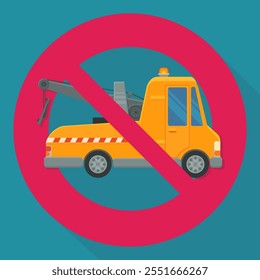 Orange tow truck with its crane at the back with a circular red strikethrough prohibition symbol on a blue background in flat design style