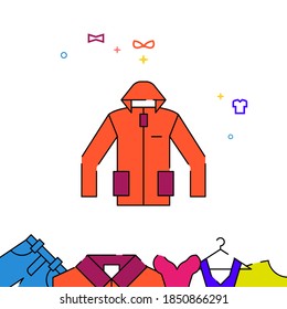 Orangefarbene Spur-Jacke, Vektorsymbol, einfache Illustration, Kleidung, Kleidung, Kleidung mit Bezug auf den unteren Rand.