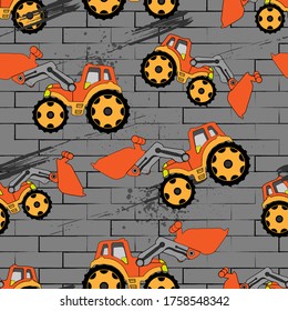 Orange tractor with bucket on gray background and black contour bricks. Geometric elements. Seamless pattern for kids.