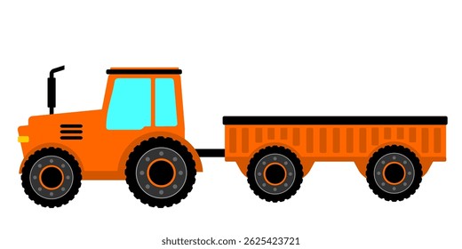 Orange tractor cartoon style clip art. Tractor flat art kids book illustration. Agricultural vehicle cartoon. Heavy tractor with trailer vector isolated on white background