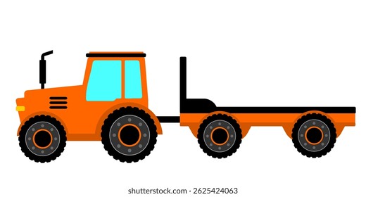 Orange tractor cartoon style clip art. Tractor flat art kids book illustration. Agricultural vehicle cartoon. Heavy tractor with empty trailer vector isolated on white background