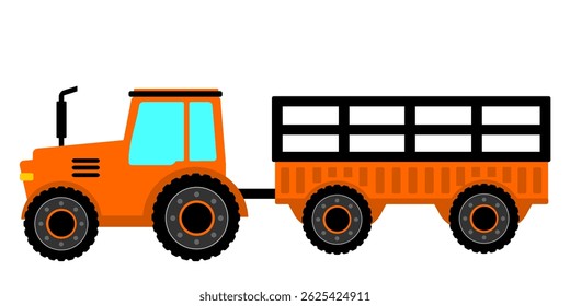Orange tractor cartoon style clip art. Tractor flat art kids book illustration. Agricultural vehicle cartoon. Heavy tractor with empty high trailer vector isolated on white background