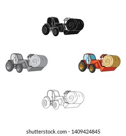 Orange tractor with a ladle transporting hay bale. Agricultural vehicles.Agricultural Machinery single icon in cartoon,black style vector symbol stock illustration.