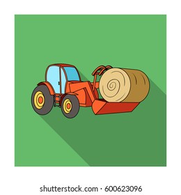 Orange tractor with a ladle transporting hay bale. Agricultural vehicles.Agricultural Machinery single icon in flat style vector symbol stock illustration.