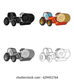 Orange tractor with a ladle transporting hay bale. Agricultural vehicles.Agricultural Machinery single icon in cartoon style vector symbol stock illustration.