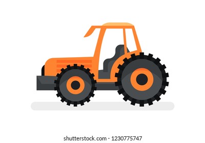 Orange tractor with large wheels. Agricultural vehicle. Farm equipment. Heavy machinery. Flat vector icon