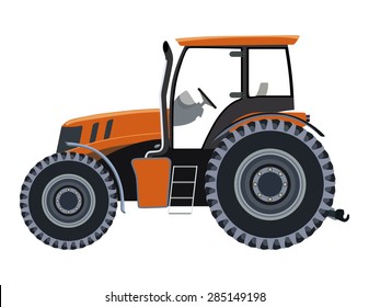 Orange tractor a side view on white background