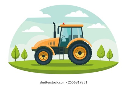 Orange tractor working in the field. Tractor on the background of the landscape. Vector illustration. Flat design