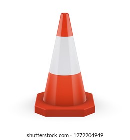 Orange traffic cone. Base with truncated edges. Classic safety orange color. Road cone with one white stripe. Element of road safety and prevention of accidents during road construction.