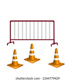 orange traffic cone and crowd control barrier sign, vector illustration.