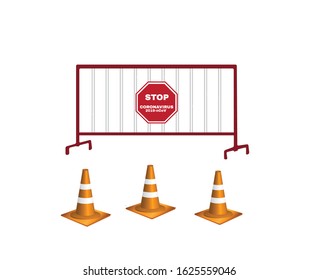 orange traffic cone and iron crowd control barrier with stop coronavirus or 2019-ncov virus sign, Covid-19 Virus protection concept, sign symbol background, vector illustration.