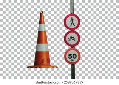 Orange Traffic Cone and road signage isolated on transparent background