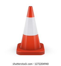 Orange traffic cone with rounded rectangular base. Classic safety orange color. Road cone with one white stripe. Element of road safety and prevention of accidents during road construction.