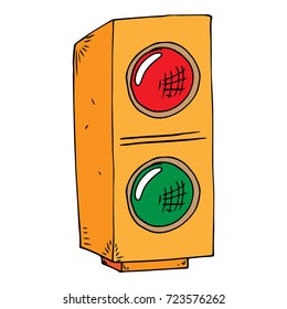 Orange traffic light with red and green color. Vector illustration traffic light for two colors. Hand drawn.