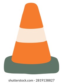 Orange traffic safety cone with white reflective stripe isolated on white background.