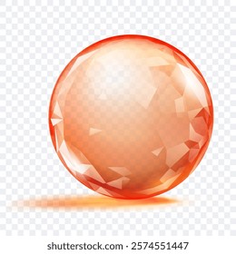 An orange translucent crystal sphere with faceted surface, with glares and soft shadow, on transparent background. Vector illustration for design projects and creative works.