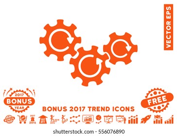 Orange Transmission Gears Rotation pictogram with bonus 2017 year trend pictograms. Vector illustration style is flat iconic symbols, white background.